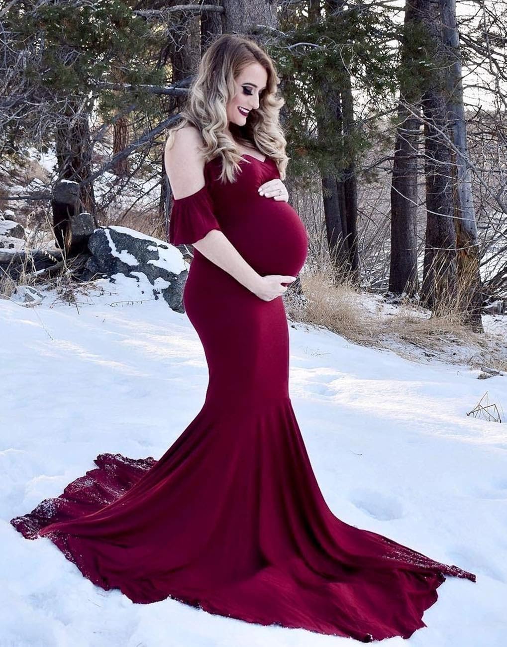 Saslax Off Shoulder Ruffle Sleeves Elegant Fitted Maxi Maternity Dress for Photoshoot Baby Shower: Clothing