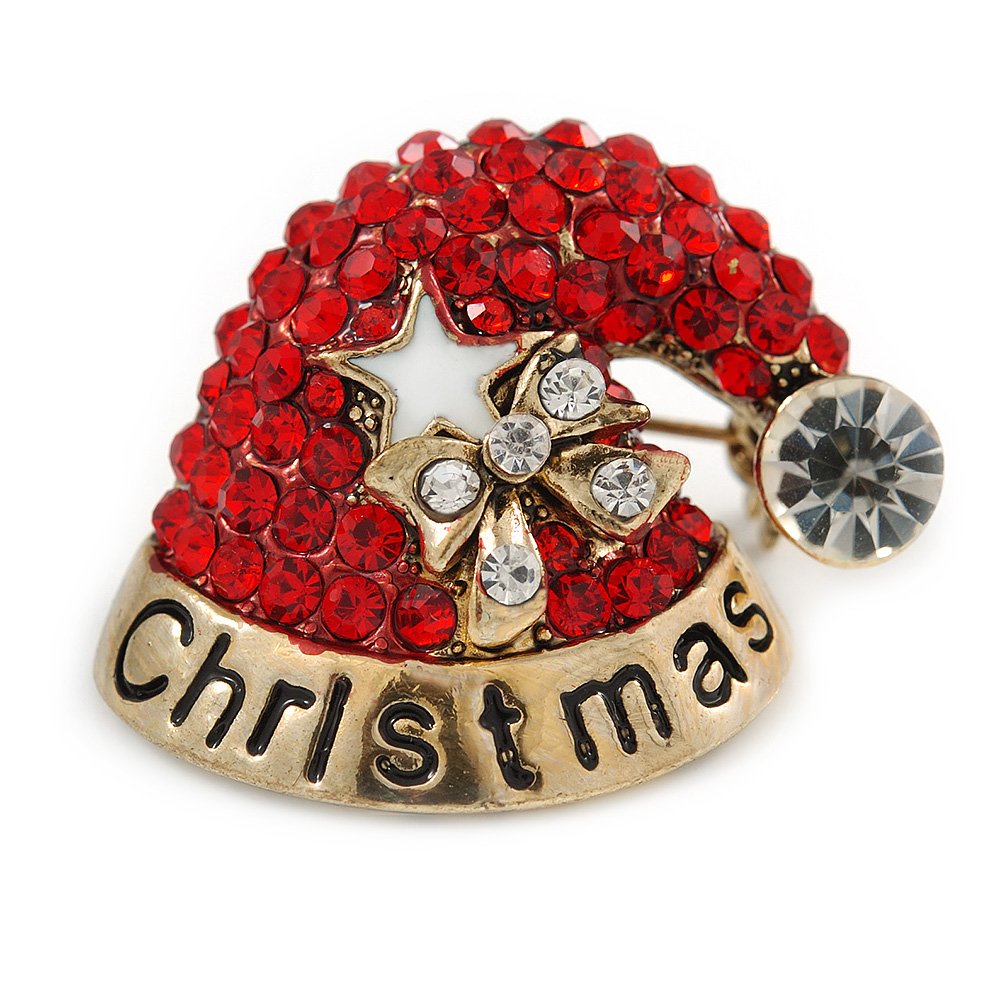Red/Clear Christmas Santa Clause Saint St. Nick Hat Brooch In Gold Tone - 30mm L