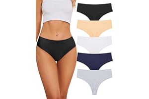 VOENXE Seamless Women Underwear Thongs,High Waist Cut No Show Ladies Panties,Breathable Comfy Invisible Active Undies,5-Pack