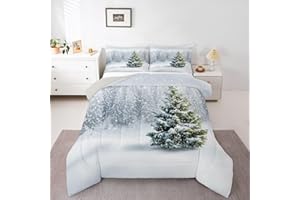 Christmas Kids Bedding Set King Size,Pine Tree Snowfall Winter Comforter Set,Snowflake Natural Scene Quilt Comforter,Gray Bed