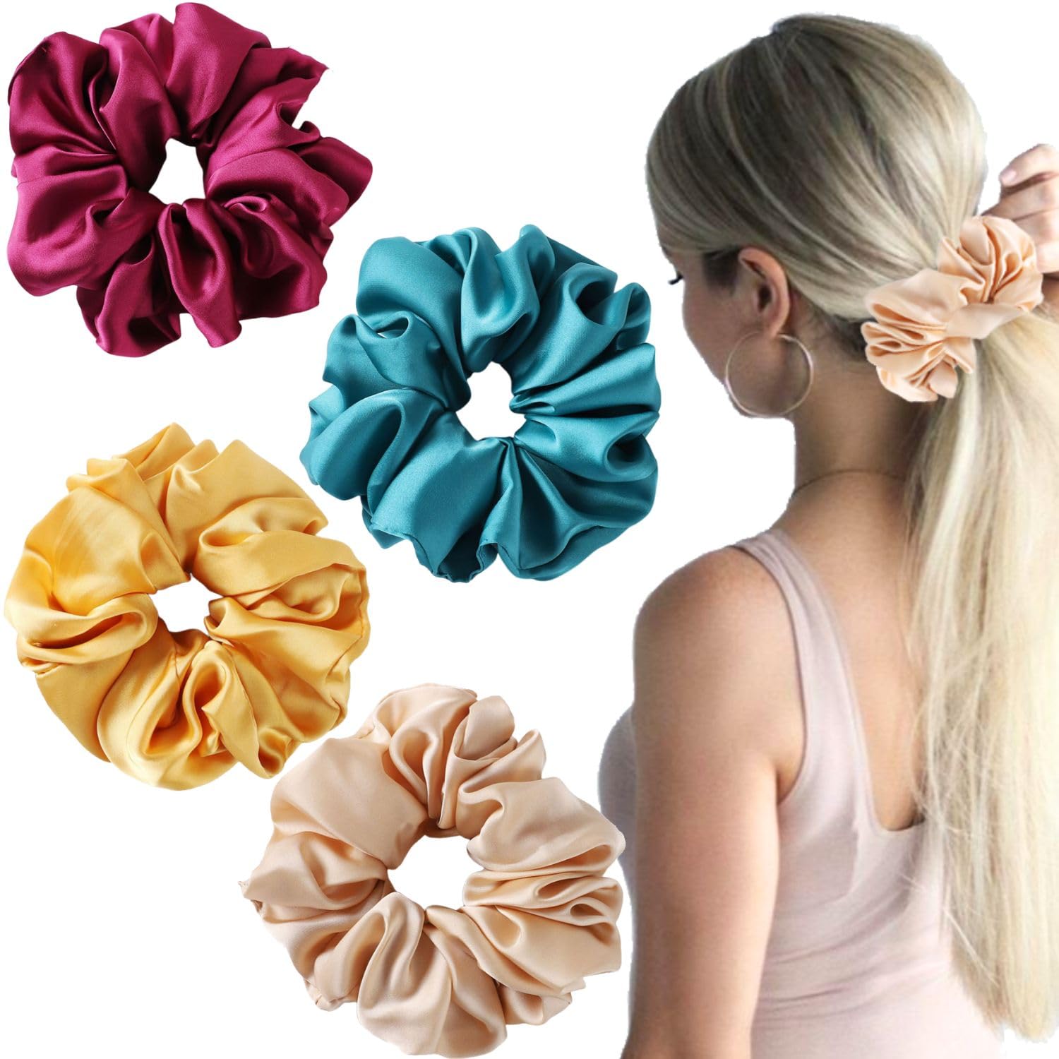 4 PCS Big Scrunchies for Women, Large Satin Hair Ties No Damage, Oversized for Sleeping, Jumbo for Curly Hair, Extra Large for Thick Hair, Giant