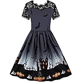 DANAZANA Halloween Lace Dress for Women Vintage Swing Print Short Sleeves Party Dresses S-XXL