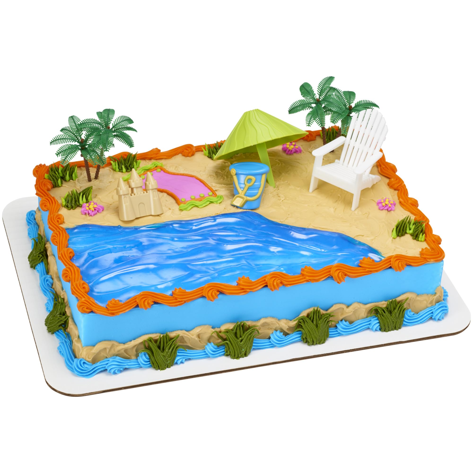DecoSet® Beach Chair and Umbrella Tropical Beach Cake Decoration, 6 Piece Cake Topper Set, Palm Trees, Deck Chair, Beach Umbrella, Sand Castle and Bucket, Food Safe,