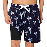 Haloumoning Boys Swim Trunks with Compression Liner Kids Drawstring Bathing Suit Quick Dry Swim Shorts 5-14 Years