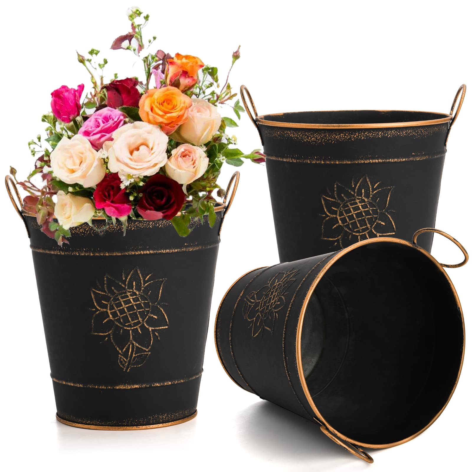 Photo 1 of AVLA 3 Pack Galvanized Bucket, Rustic Farmhouse Metal Flower Vase, Vintage Plant Pot, Decorative Tin Pails with Handles for Wedding Decorations, Centerpieces, Home Decor, Garden Planter, 5.7 Inch