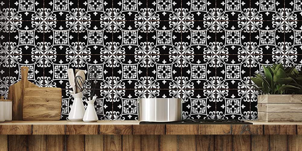 LPS Pack of 10 Style 3 Black Tile Stickers Victorian Moroccan Retro Traditional Aged Style Mosaic Style Peel and Stick self-Adhesive Wall Art Decor transfers- Bathroom backsplash Kitchen splashbacks
