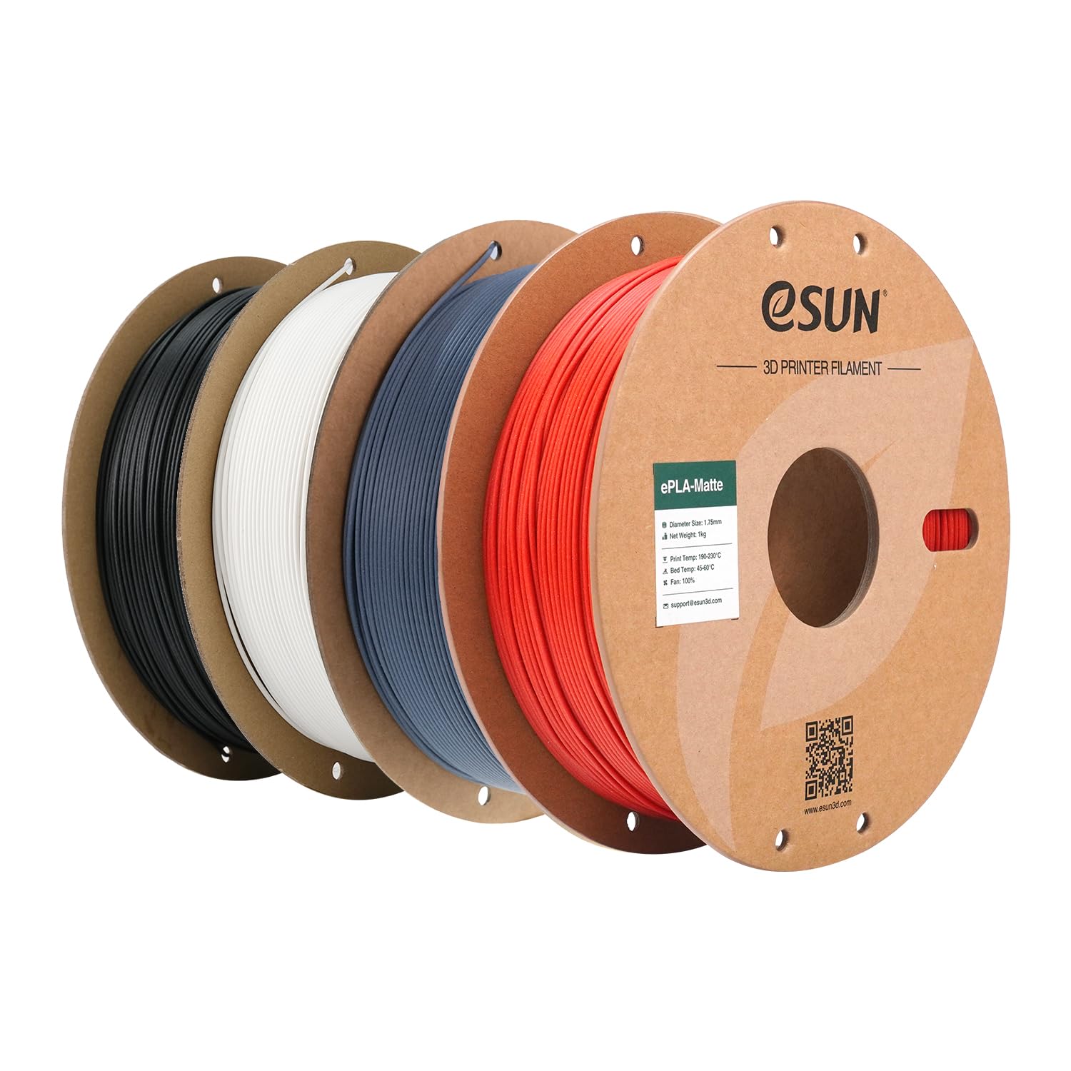 eSUN Upgraded Matte PLA Filament 1.75mm, Matte PLA 3D Drucker Filament, glanzfreie Farbe, mattierte Textur, 1KG pro Spule, 4 Spulen für 3D Drucker, Dunkelschwarz+Cremeweiß+Dunkelgrau+Feuerrot