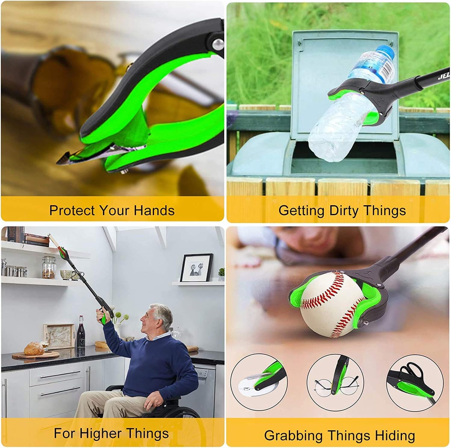 Jellas Reacher Grabber Tool, 90° Rotating Head, 32" Foldable Claw Grabber with Shoehorn, Reaching Assist Tool for Trash Pick Up, Litter Picker, Arm Extension (Green): Health & Personal Care
