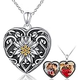 Ladytree 925 Sterling Silver Edelweiss Flower Heart Locket Necklace Hold 2 Photos Personalized Customized Picture Oxidized Flower Keepsake Pendant Necklace Memory Jewelry Birthday Gifts for Women