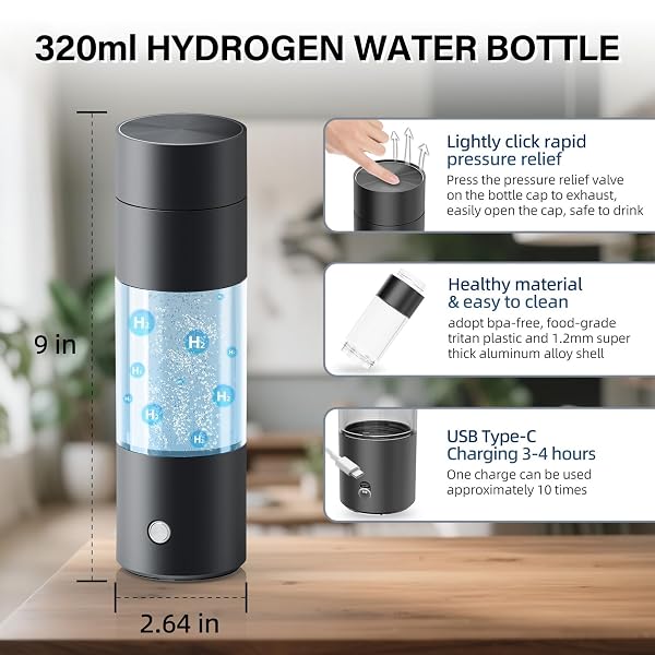HYDROGEN WATER BOTTLE GENERATOR WITH SPE PEM TECHNOLOGY, 4000PPB HYDROGEN WATER GENERATOR, QUICK ELECTROLYSIS HYDRO HYDROGEN WATER BOTTLE GENERATOR FOR HEALTH ENTHUSIASTS & TRAVELERS [BLACK]