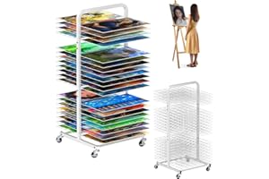 mocomax Art Drying Rack for Painting, Metal Paint Drying Stand with 40 Removable Shelves, Movable Paint Drying Rack with Lockable Wheels, Art Canvas Storage Rack for Classrooms & Art Studios, White
