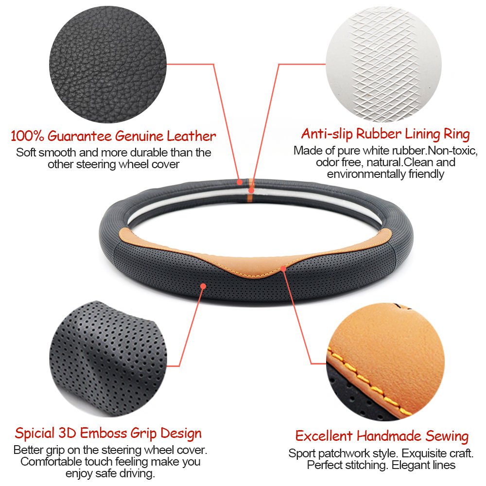 LOCEN Genuine Leather Steering Wheel Cover Universal Car Outer Diameter 38cm/15\