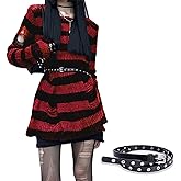 Goth Y2K Striped Sweater with Belt Ripped Punk Gothic Long Sweaters for Women Grunge Distressed Halloween Pullover Tops