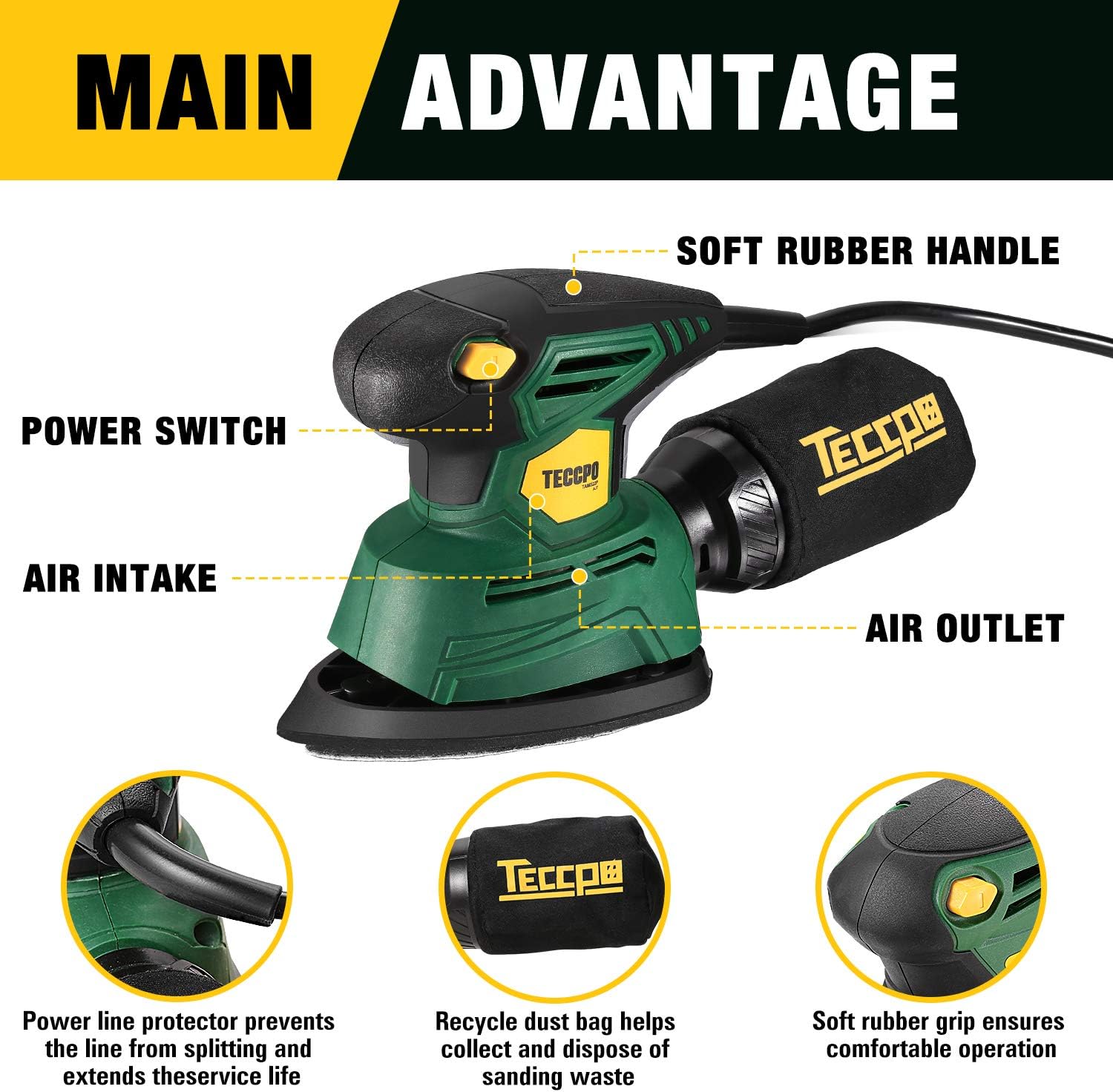 TECCPO Compact Mouse Detail Sander with 12Pcs Sandpapers, 14, 000 OPM Multi-Function Sander, Efficient Dust Collection System, Ideal for Sanding, DIY-TAMS22P - - 