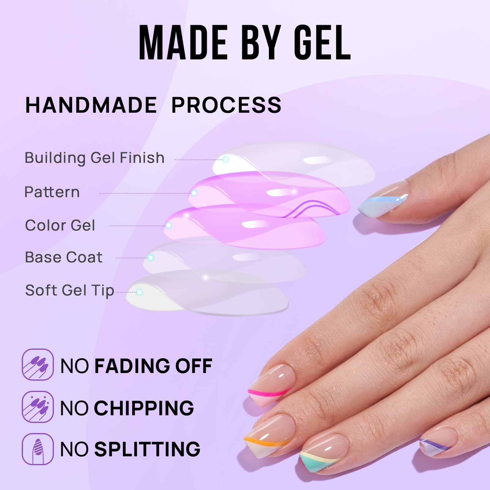 BTArtbox Short Press On Nails - Soft Gel French Tip Press On Nails, Supremely Fit & Natural Square Glue On Nails with Nail Glue, Reusable Stick On Nails in 15 Sizes, Pastel Curves - Image 4