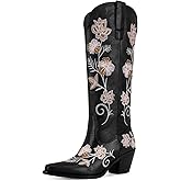 VOZTOLLS Cowboy Boots for Women Knee High Cowgirl Western Boots Pointed Toe Chunky Block Heel Retro Vintage Floral Embroidered Pull-On Tabs Tall Boot
