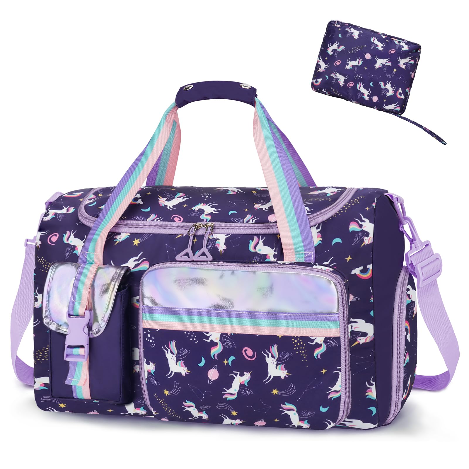WOOMADA Travel Duffle, Weekend Bag with Wet Pocket & Trolley Sleeve, Gym Dance Bag With Shoe Compartment(Navy Unicorn)