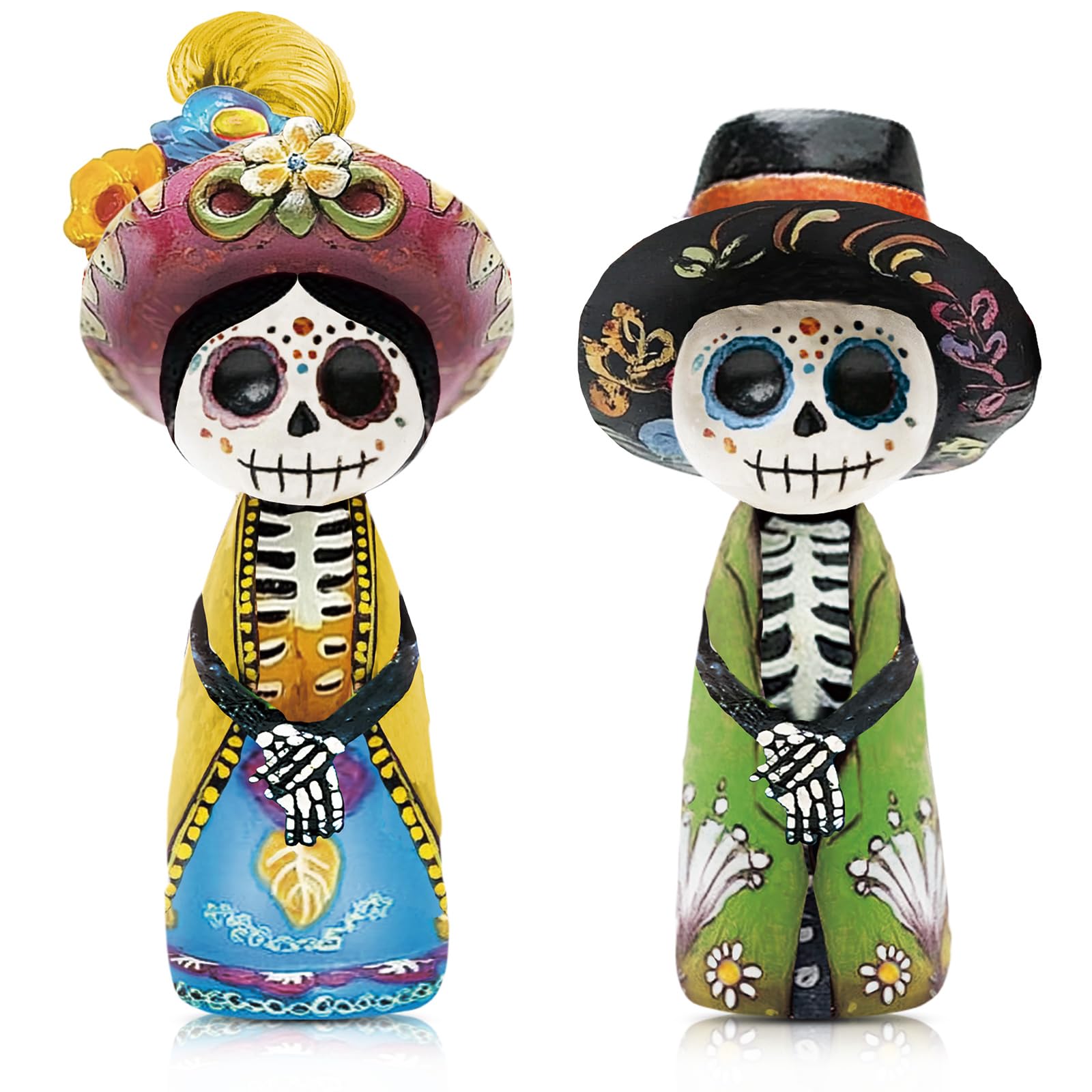 Photo 1 of Yuntau 2 Pcs Day of The Dead Figurines Wooden Sugar Skulls Statue Dia De Los Muertos Altar Ofrenda Skulls Couple Decorations Day of The Dead Sculpture Tabletop Decor for Home Table