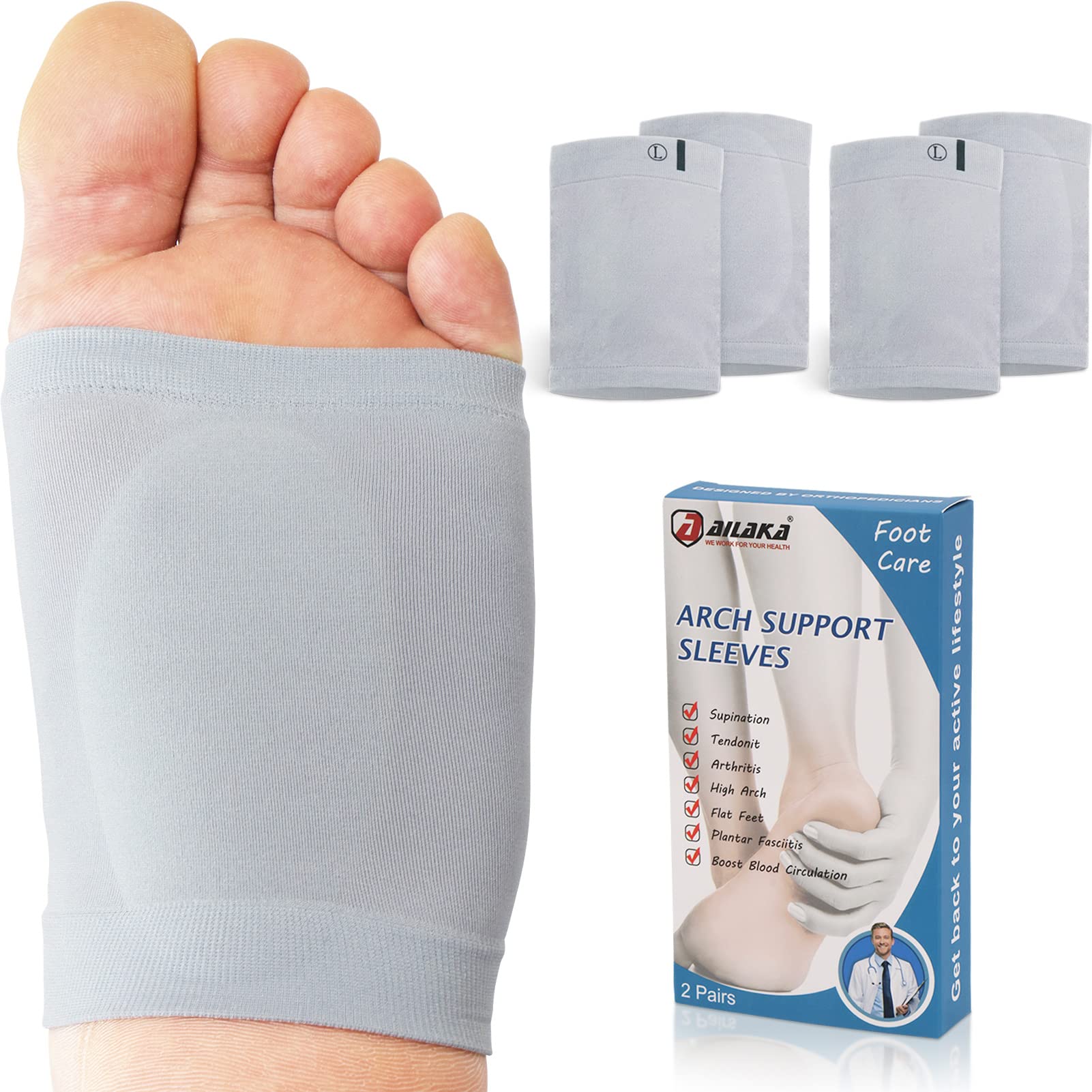 Ailaka 2 Pairs Compression Arch Support Sleeves, Cushioned Foot Braces Arch Pads for Flat Foot Pain Relief Plantar Fasciitis Heel Spurs (Grey, Shoe Size: Women’s 5-13/Men’s 3-11)