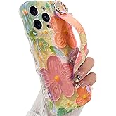 Jefonha for iPhone 16 Pro Case with Finger Hand Wrist Strap, Cute Colorful Oil Painting Flower Floral Phone Case for Girls Women Stylish Aesthetic Curly Wave Frame Protective Cover, Pink Purple