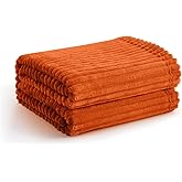 Vessia Flannel Fleece Orange Throw Blanket for Couch, Lightweight Warm Cozy Soft Striped Bed Throw for Adults and Kids, Microfiber Ribbed Sofa Blanket for All Season