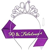 Casoty Purple 90th Birthday Sash and Tiara for Women, 90th Birthday Decorations Women, 90 and Fabulous Sash and Crown Set, Happy 90th Birthday Party Supplies, Womens 90th Birthday Gifts
