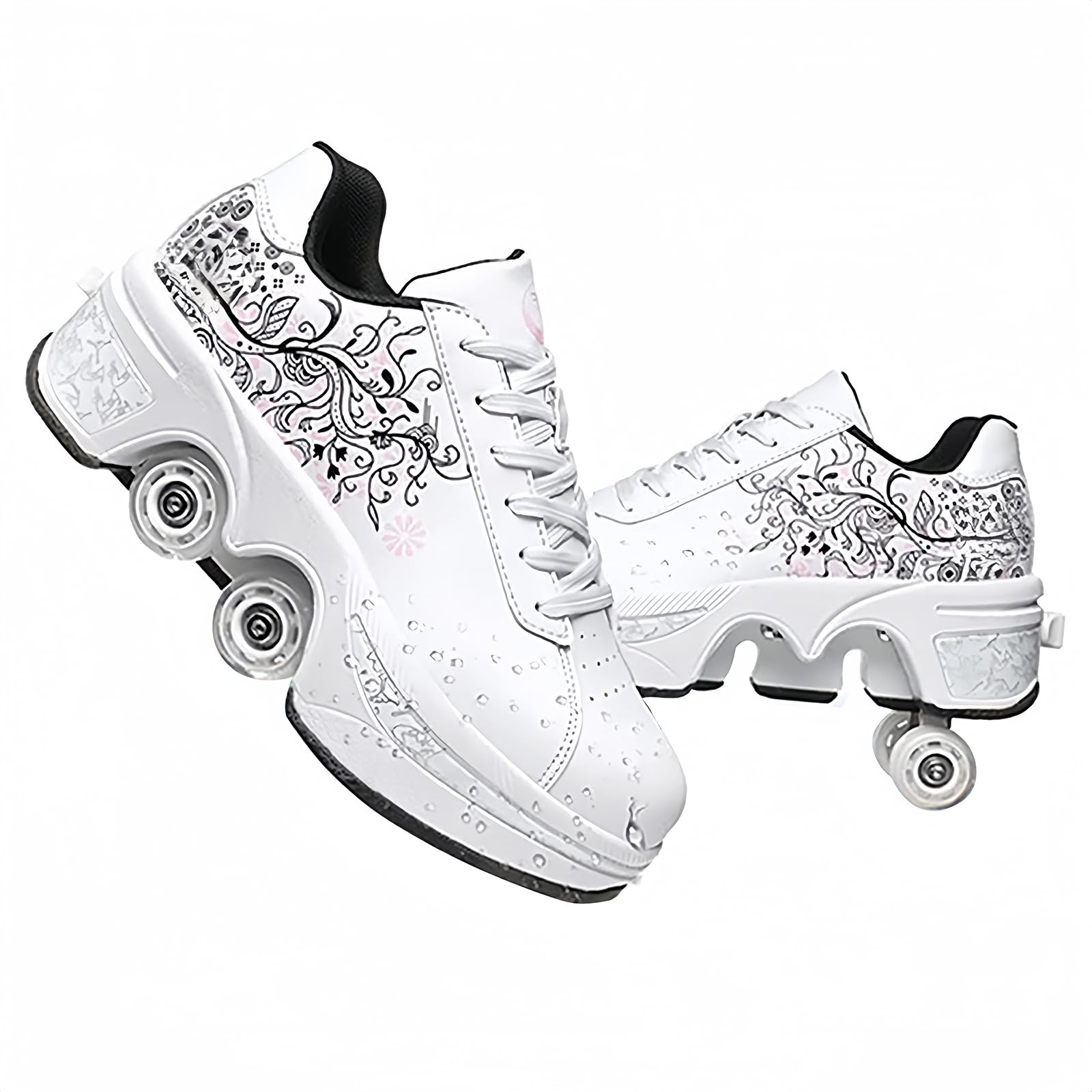 LDRFSE Girls' Roller Skating, Skateboarding Shoes with Wheels Sports Gymnastics Fashion Multi-purpose Kick Roller Shoe for Boys Girls, White Pink Flower, 2.5 UK