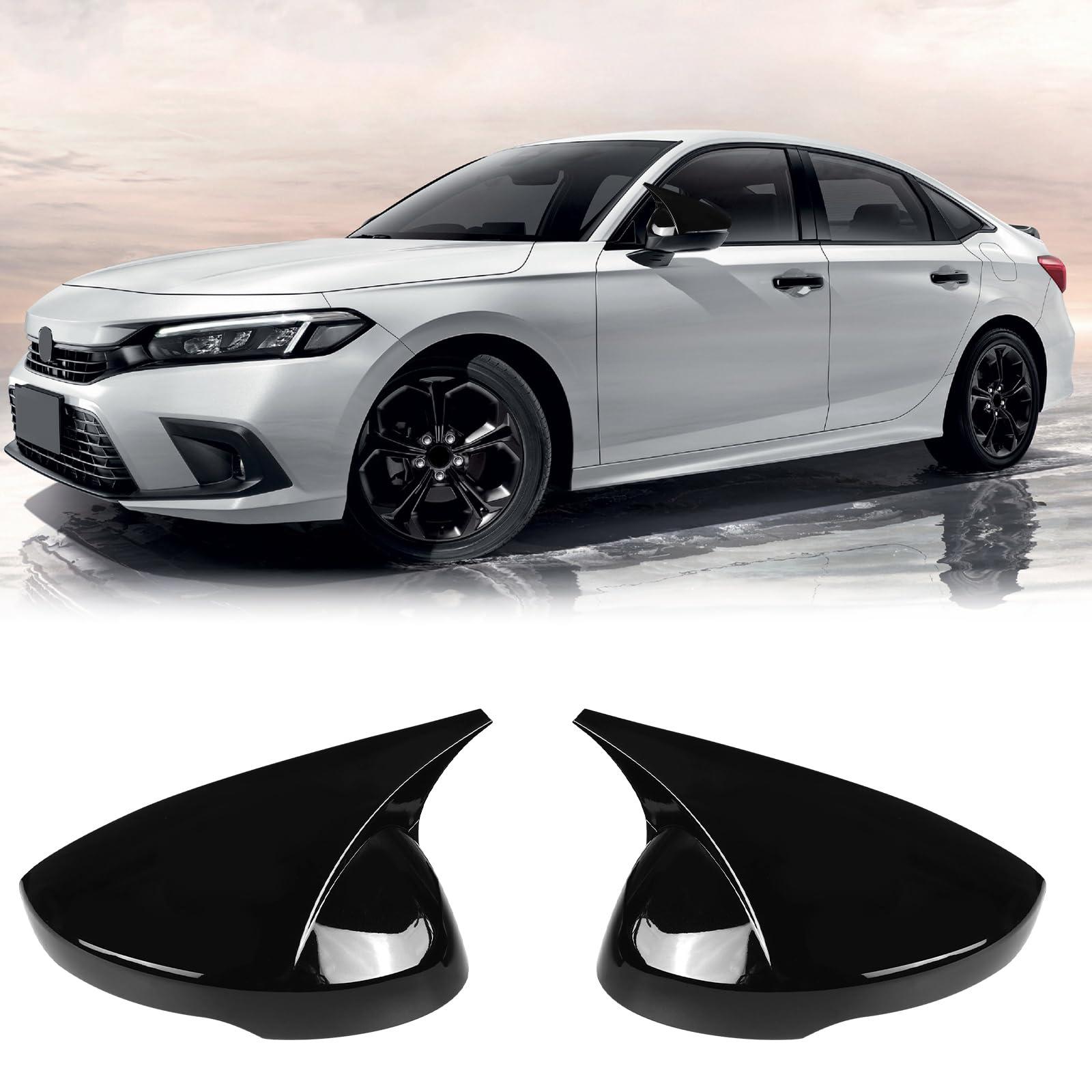 Photo 1 of 1 Pair Side Mirror Covers Cap Housing Compatible with 2022-2025 11th gen Honda Civic Touring Sedan, Sport Touring Hatchback, Type R with Turn Signal Model (Black, Ox Horn)