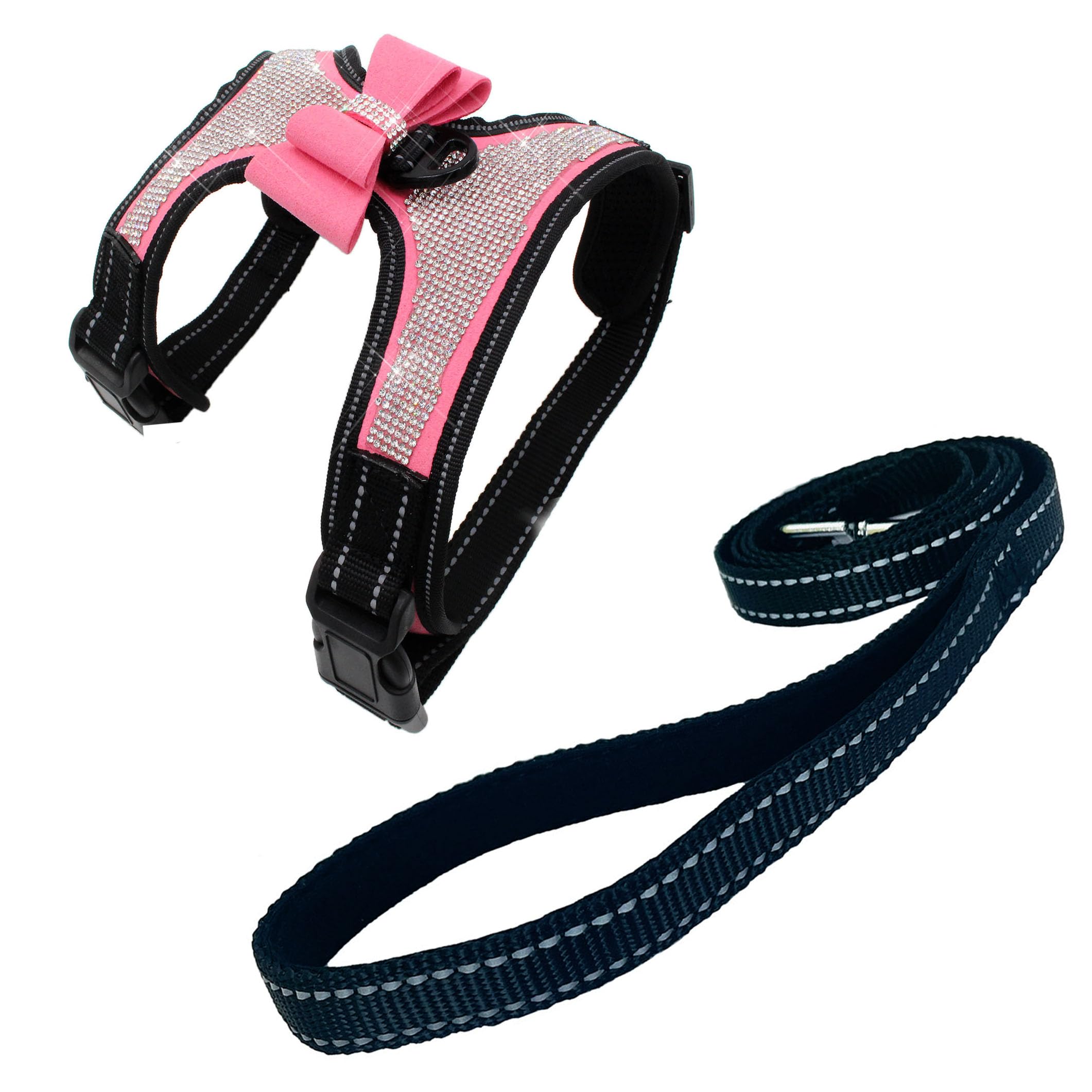 Newtensina 2pcs Bow Ties Bling Cute Dog Harness with Lead for Dog - Pink - XL