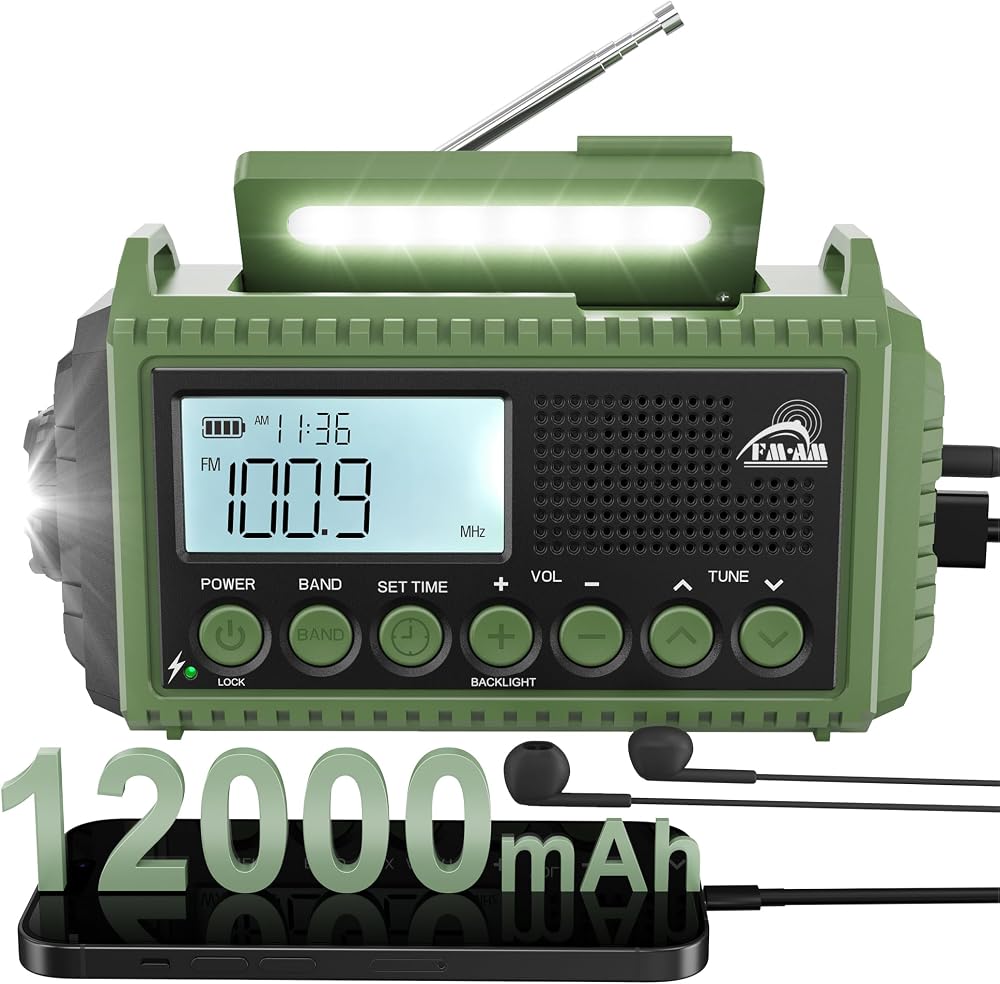 ROCAM Wind Up Radio AM/FM/SW 12000mAh Solar SOS Torch IPX6 Portable