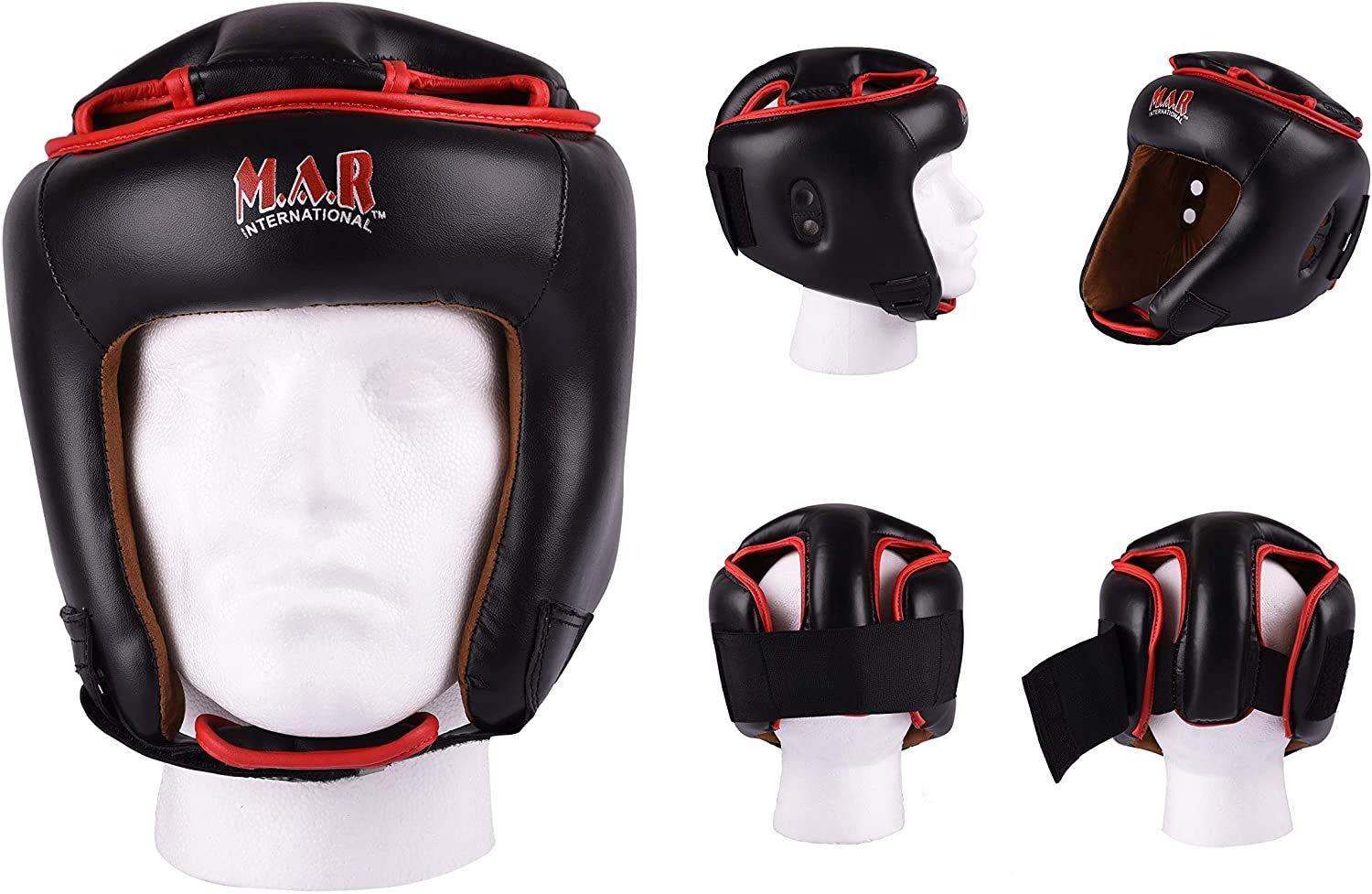 MAR | Black Headguard for Kickboxing, Thai Boxing & MMA Training, Rex Leather Material Head Guard for Face and Ear Protection, Headgear for Sparring Grappling, Muay Thai & Taekwondo, Protective Helmet
