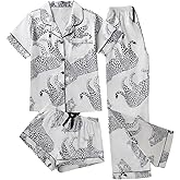 SHENHE Women's 3 Piece Satin Pajama Sets Leopard Pjs Button Down Short Sleeve Silky Lounge Set