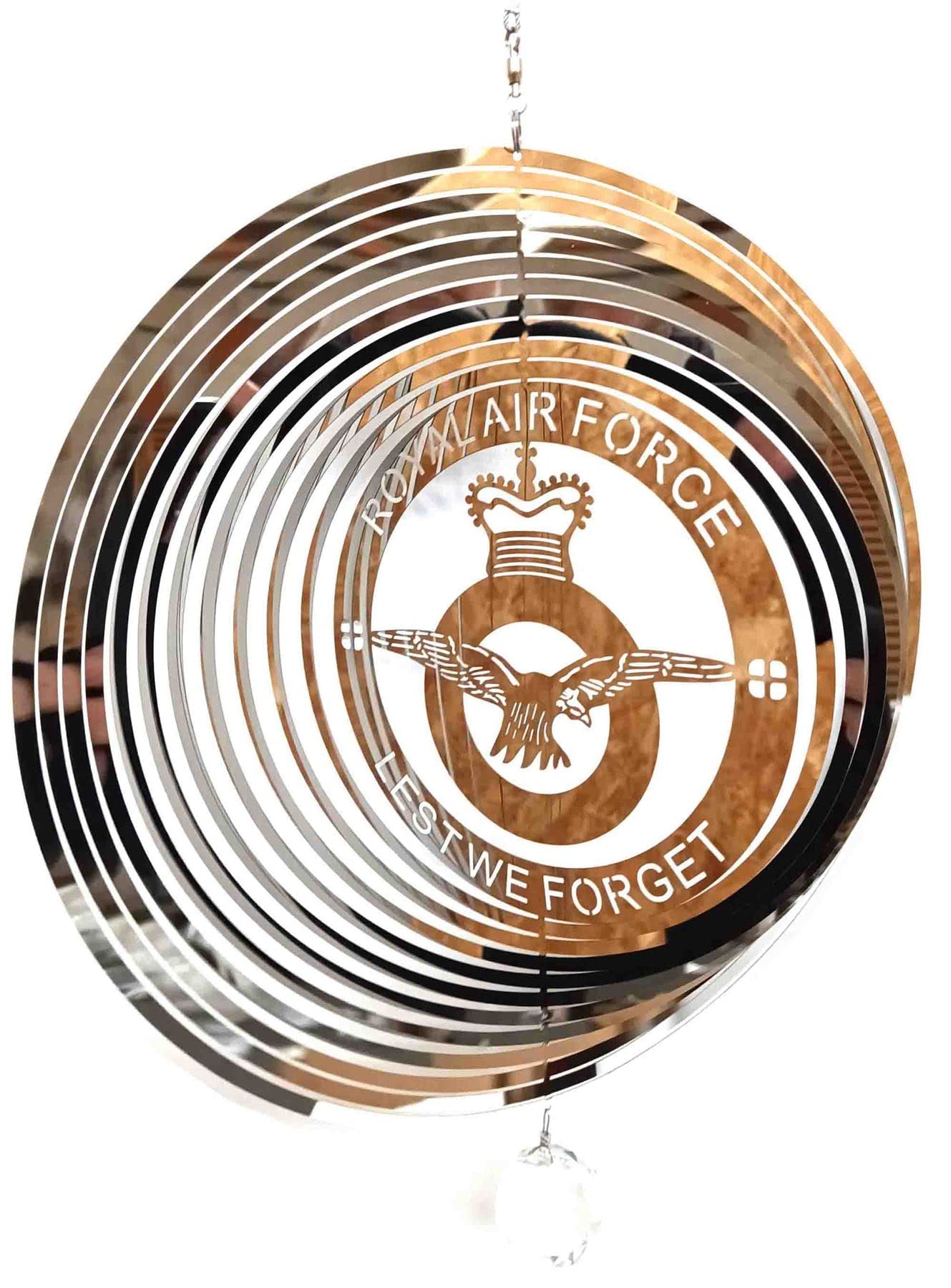Royal Air Force Lest We Forget Stainless Steel Metal Garden Wind Spinner With Crystal Suncatcher - Great Garden Decor Ornament Part Of The Hanging Decorations and Hanging Ornaments Range