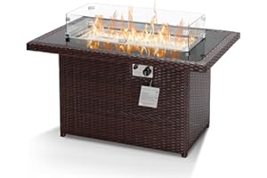 NICESOUL® 43'' Rectangular Propane Natural Gas Fire Pit Espresso PE Wicker Fire Table for Outside 55,000 BTU Stainless Steel Burner H-Pipe Firepit Aluminum Frame with Windguard & Glass Rocks & Cover