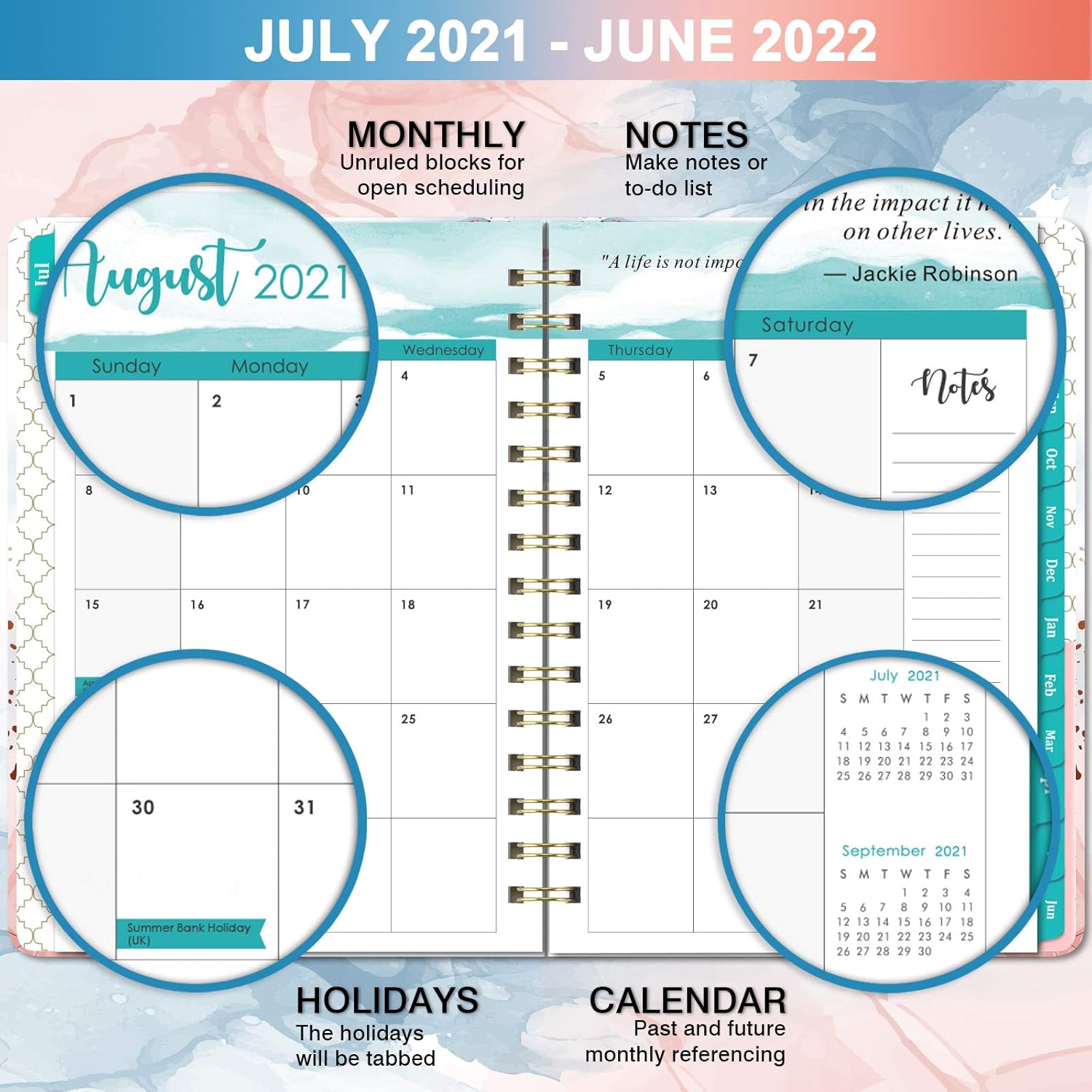 2021-2022 Planner – Academic Planner 2021-2022 from July 2021 - June 2022, Monthly planner, 6.4"x 8.5", Flexible Cover Planner with Elastic Closure, Coated Tabs, Inner Pocket : Office Products