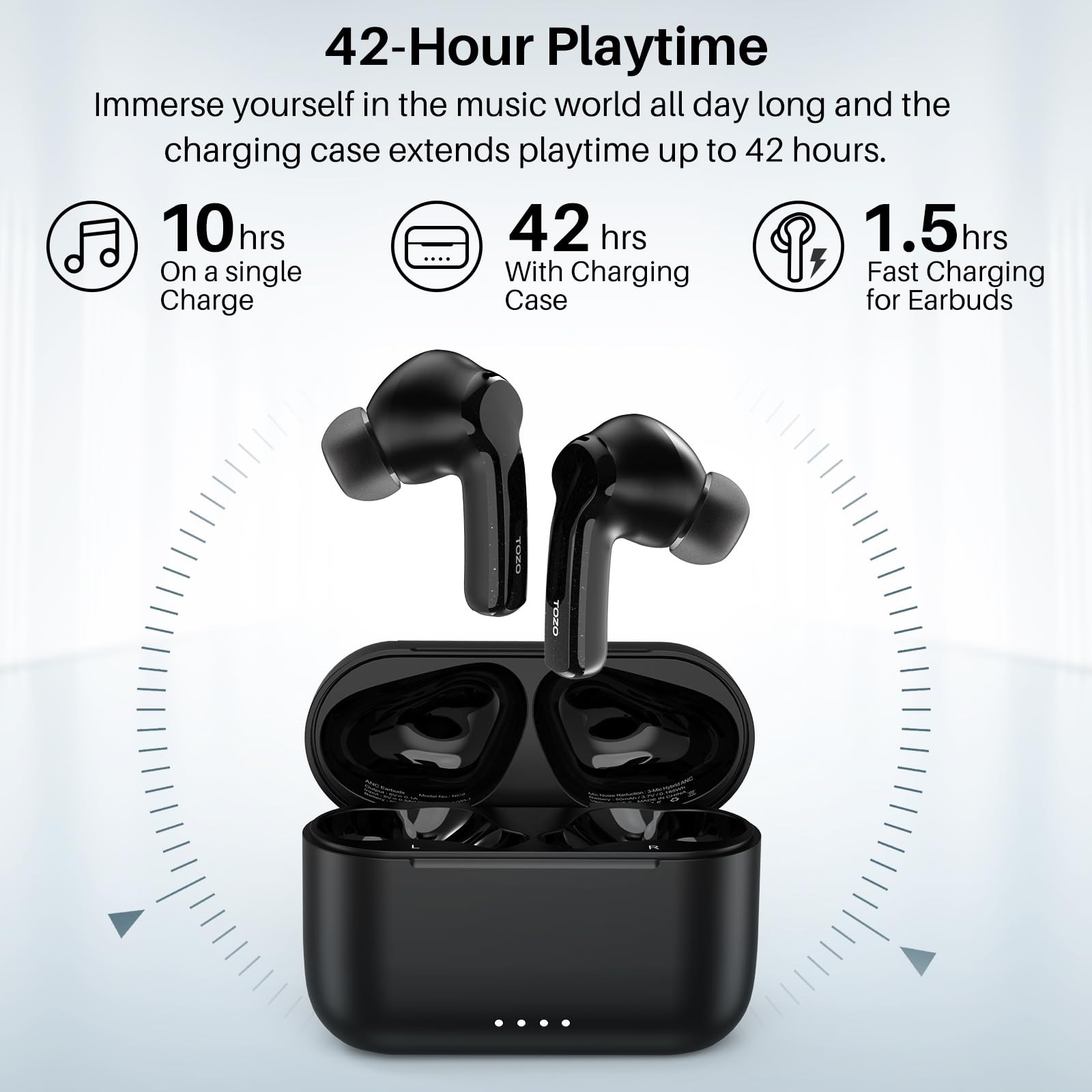 TOZO Hybrid Active Noise Cancelling Wireless Earbuds with 6 Mics AI Clear Call Ear Buds 55H Playtime with LED Display 32 Preset EQs via APP Bluetooth 5.3 IPX8 Waterproof in Ear Headphones