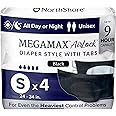 NorthShore MegaMax AirLock Breathable 9-Hour Heavy-Duty Tab-Style Adult Diapers, Small, Trial Pack of 4, Black, 24-34 inches, Unisex Incontinence Underwear