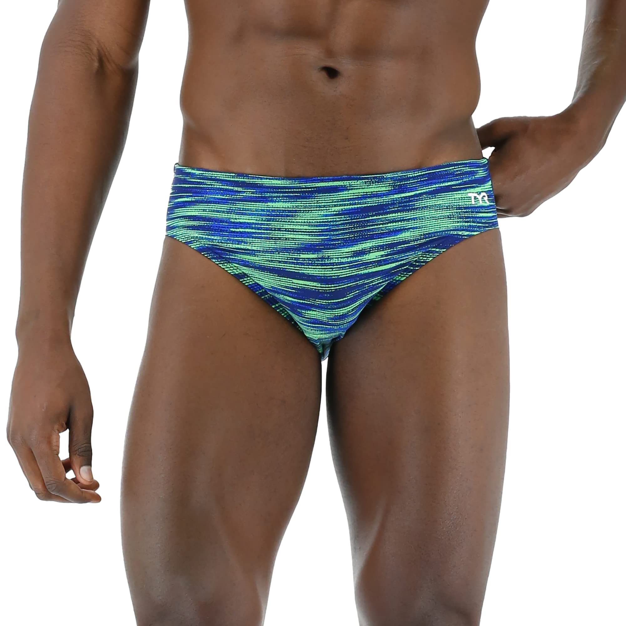 TYR Men’s Standard Durafast Elite Racer Brief Swimsuit, Blue/Green Fizzy, 26