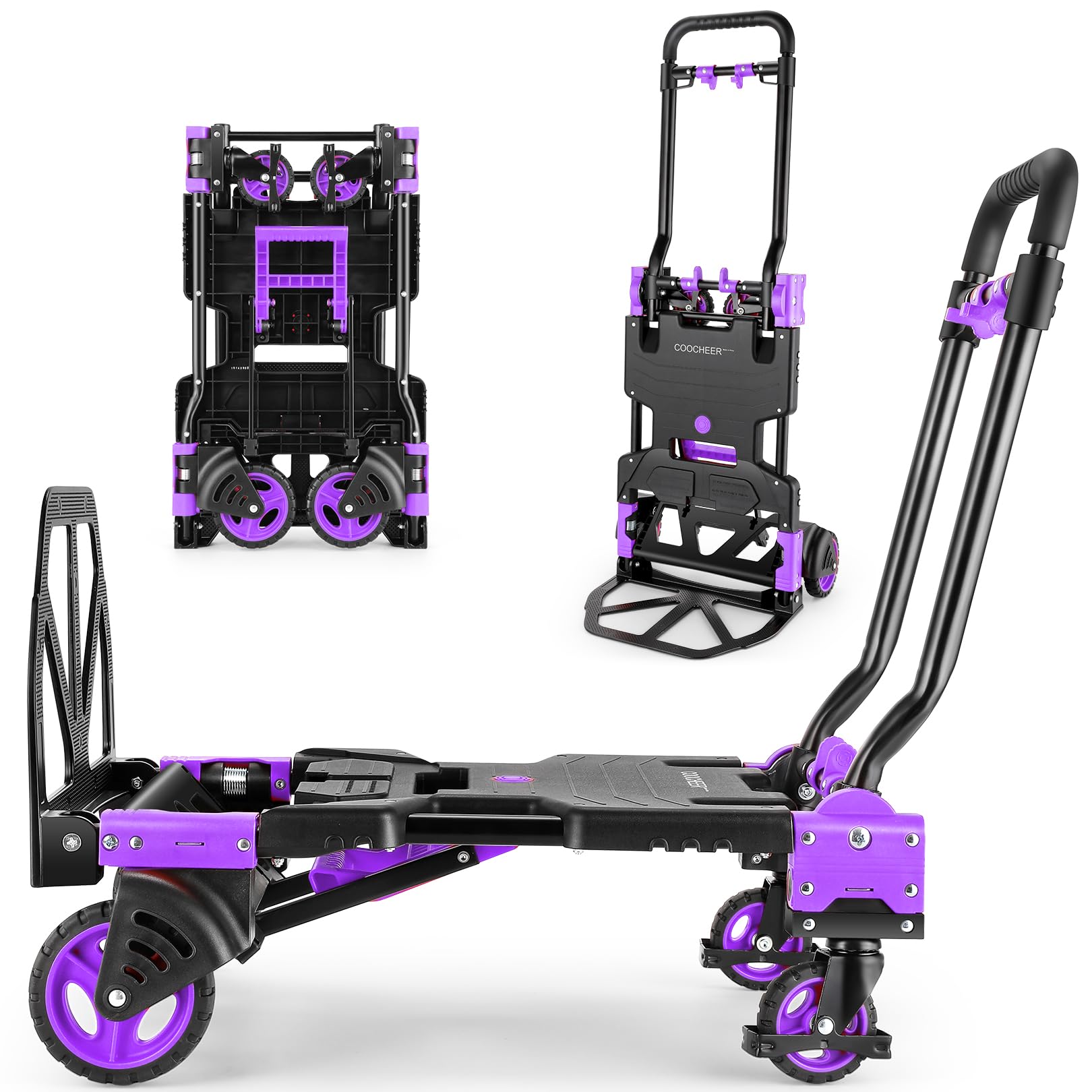 330LB Folding Hand Truck Heavy Duty Carrying, Combination of Four Wheels and Two Wheels Convertible Dolly Cart with Retractable Handle Dolly for Moving Office Carts(Purple) Image