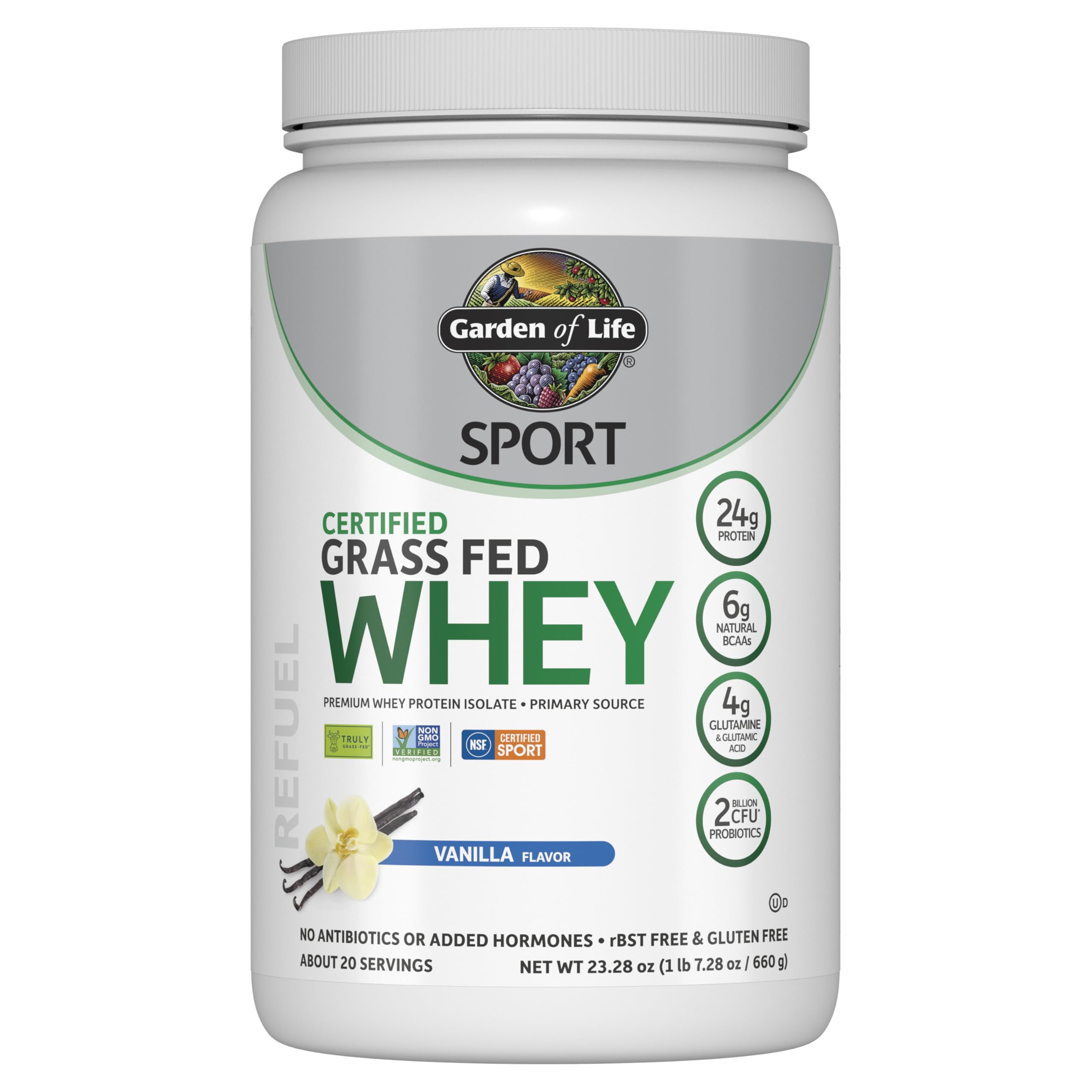 Garden of Life SPORT Whey Protein Powder Vanilla, Premium Grass Fed Whey Protein Isolate plus Probiotics for Immune System Health, 24g Protein, Non GMO, Gluten Free, Cold Processed - 20 Servings