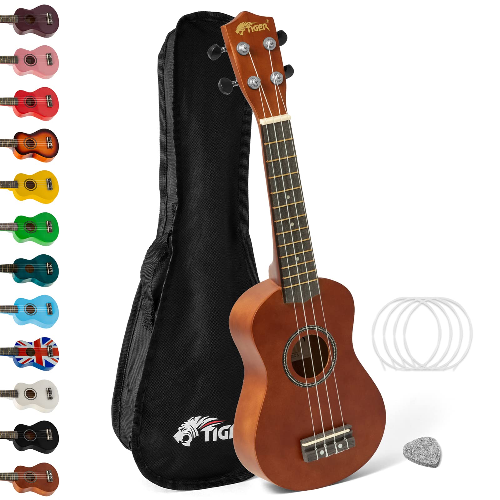 Soprano Ukulele Ukelele for Kids includes Gig Bag, Felt Pick, Spare Strings - Natural - TIGER UKE12-NT
