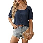 winkbay Women's Plus Size Puff Sleeve Blouses Summer Vintage Square Neck Dressy Casual Tops