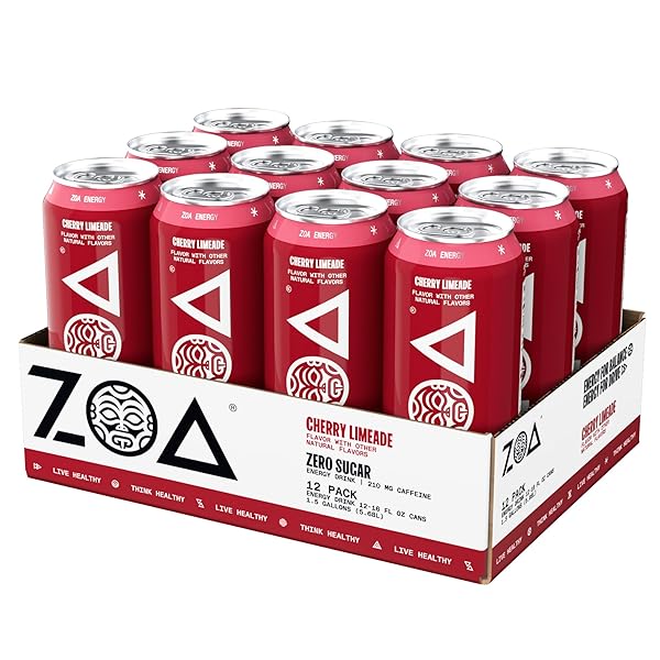 ZOA ZERO SUGAR ENERGY DRINK, CHERRY LIMEADE – SUGAR FREE WITH ELECTROLYTES, HEALTHY VITAMIN C, AMINO ACIDS, ESSENTIAL B-VITAMINS, AND CAFFEINE FROM GREEN TEA – 16 FL OZ (12-PACK)