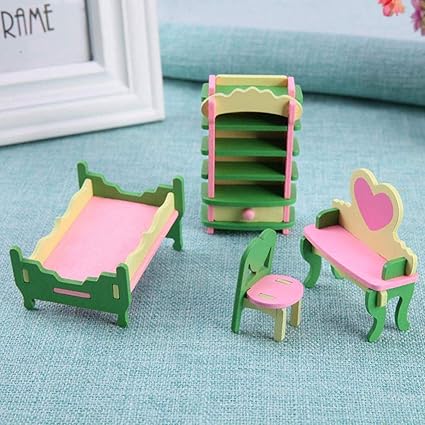 Lattice Wooden Doll House Bed Room Set (Multicolor)