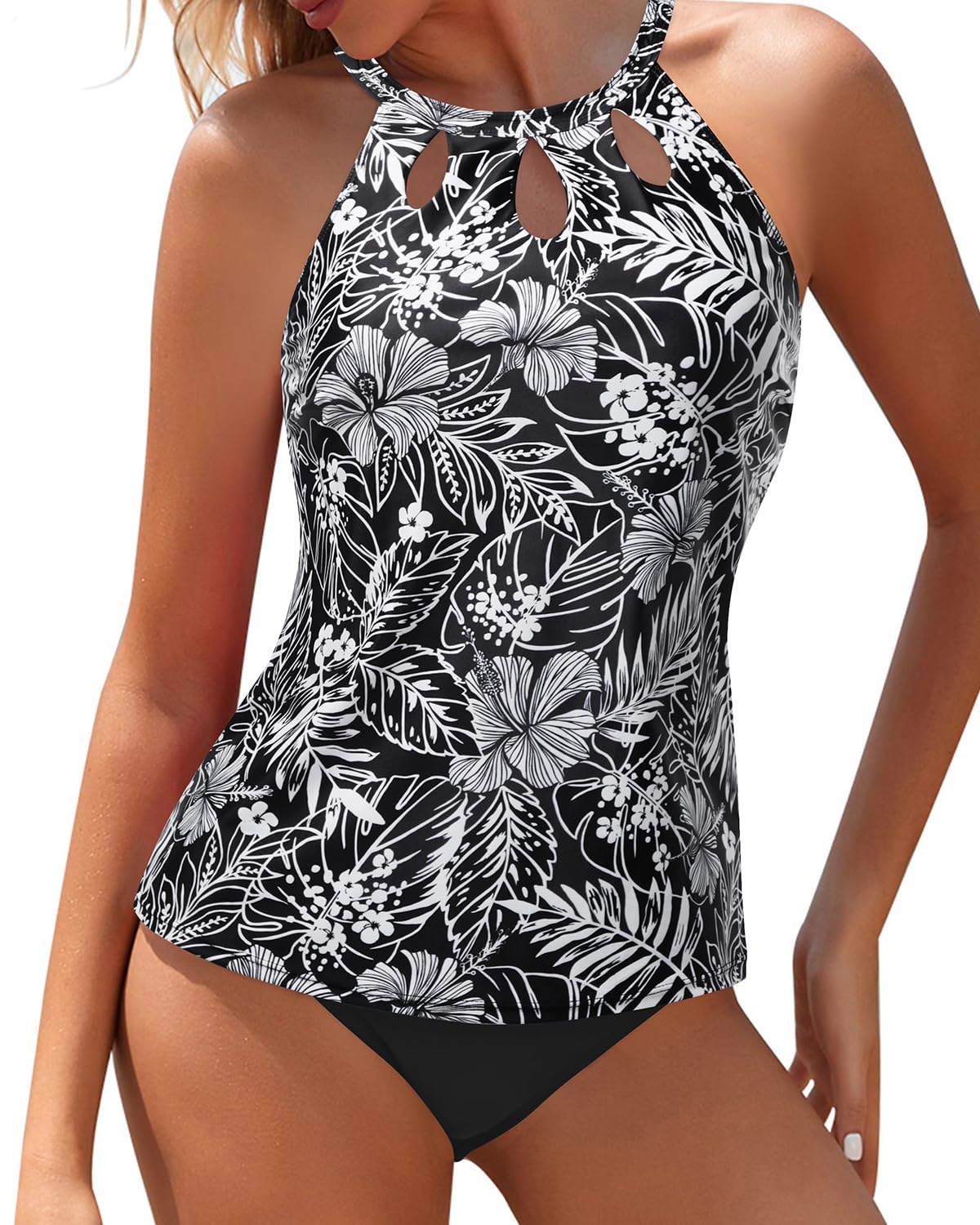 Photo 1 of Yonique Two Piece High Neck Tankini Swimsuits for Women Tummy Control Bathing Suits Swimwear Black Flower XL