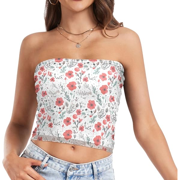 Womens Tube Tops Flower Floral Pink Mesh Crop Top Strapless