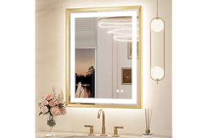 Keonjinn Gold LED Bathroom Mirror 24 x 30 Inch, Frontlit & Backlit Bathroom Mirror with Lights, Brushed Beveled Framed, Tempered Glass, UL Listed LED Driver, 3 Color Temperature, Anti-Fog, Dimmable