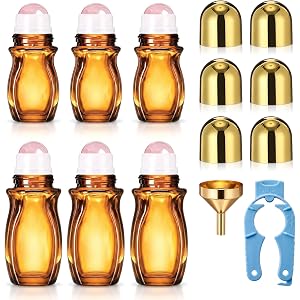 Sawysine 6 Pcs 30&50ml Rose Quartz Roller Waist Bottles for Essential Oils | Amber, Refillable Roll on Bottle with Natural Pi