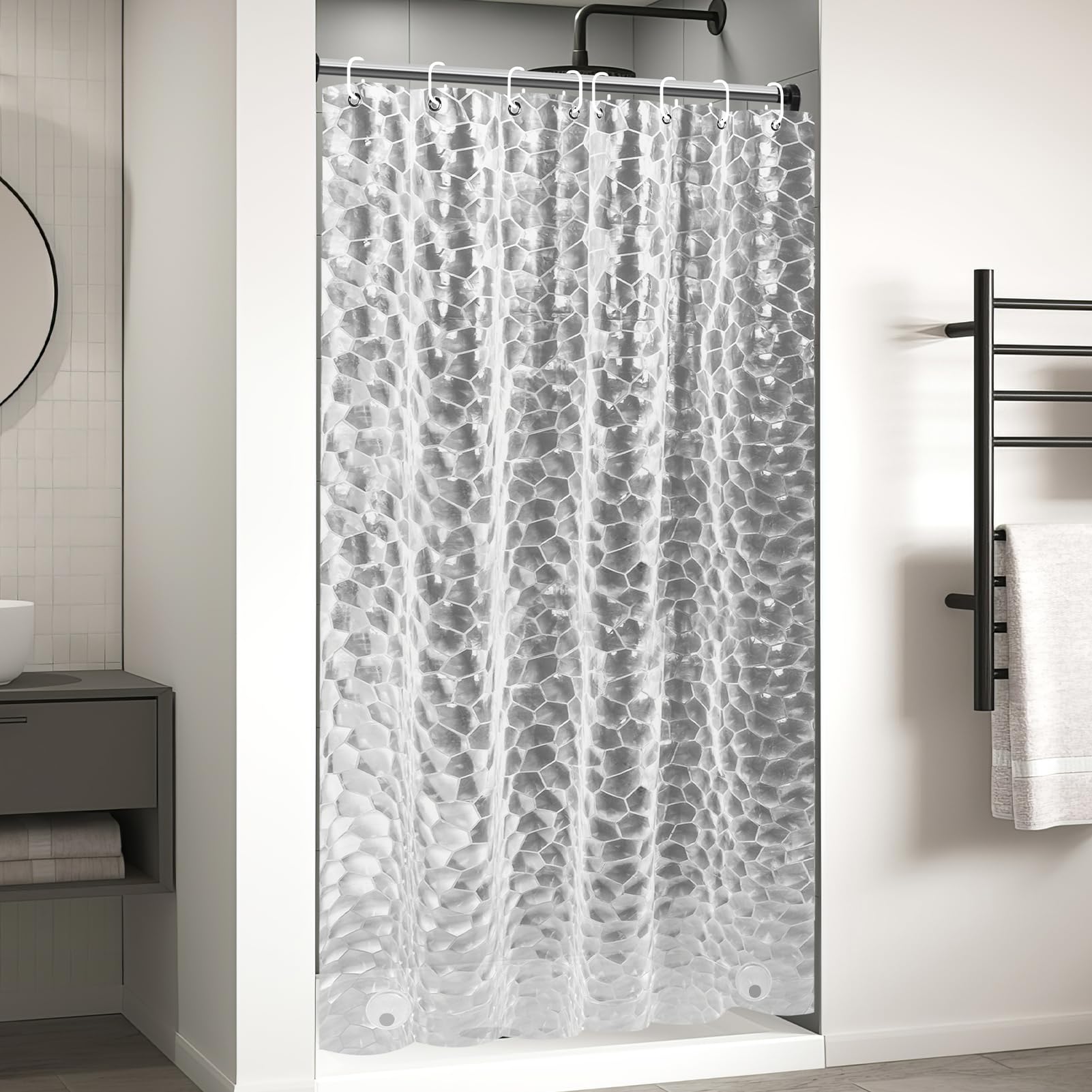 OTraki Shower Curtain for Bathroom, 120 x 200cm Mould Free Shower Curtain with Weighted Magnetic, 3D Clear Shower Curtains with 8 Hooks, EVA Shower Curtains (Heavy Duty, Waterproof)