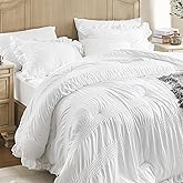 QUIETSEA King Comforter Set Seersucker 7 Pieces Luxury Ruffle Bed in a Bag King Size for All Season White Bedding Set with Comforter, Pillowcases, Flat Sheet, Fitted Sheet and Pillow Shams